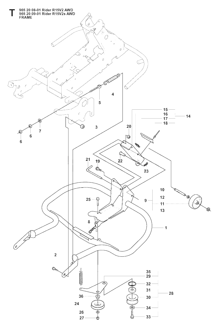 Frame Diagram and Parts List for R15-V2AWD (965200901)(2008-01) Husqvarna Lawn Tractor