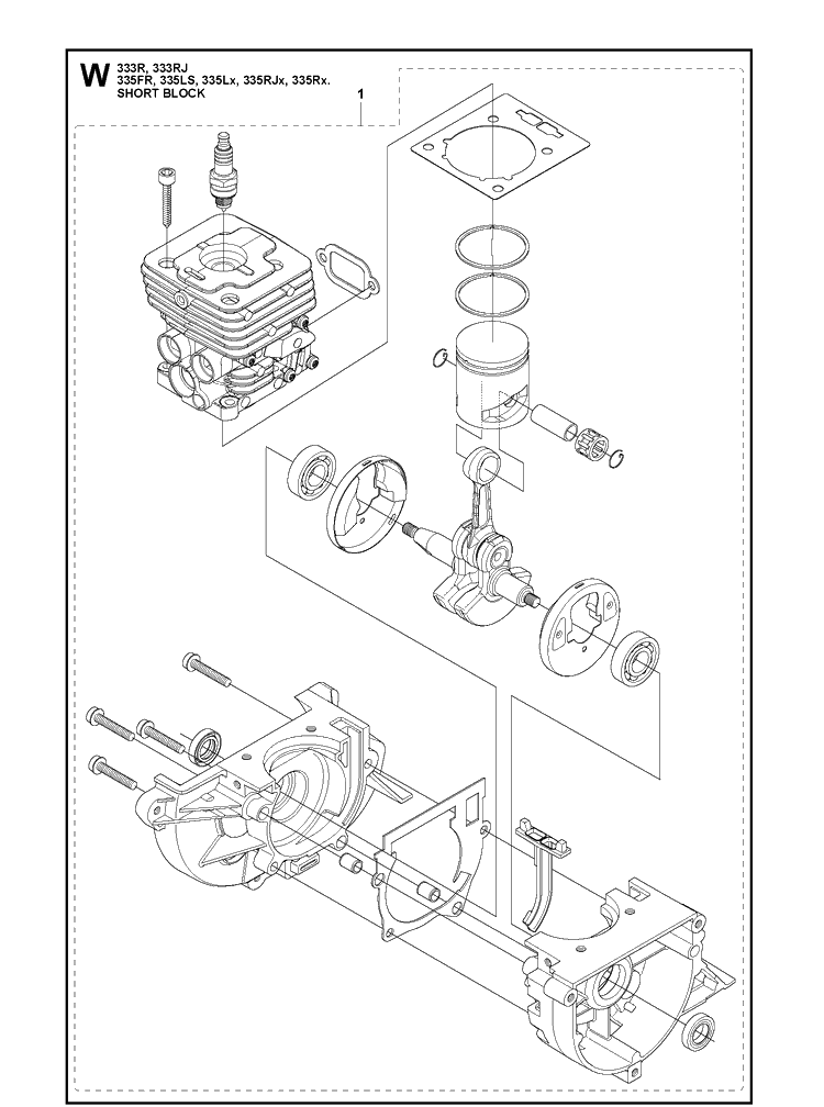 Short Block Diagram and Parts List for 335FR  Husqvarna Brush Cutter