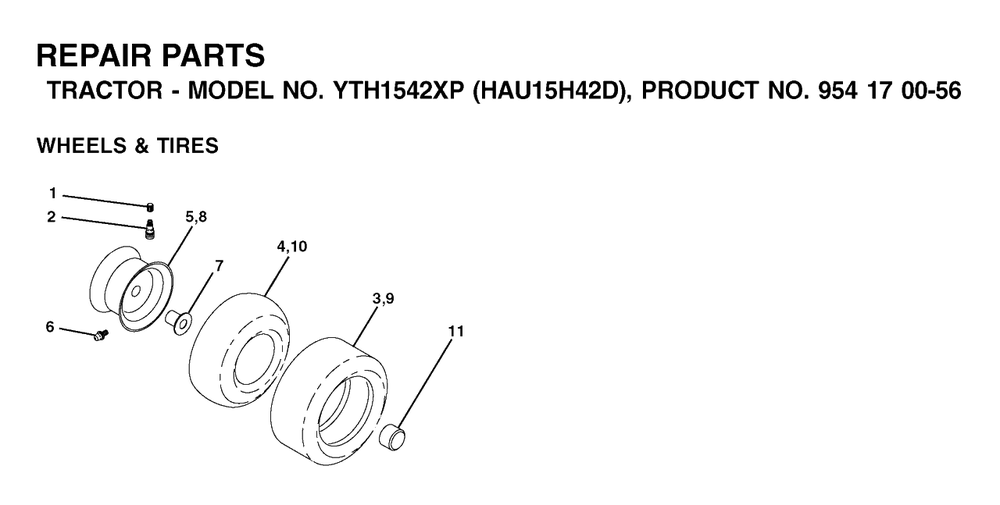 Wheels And Tires Diagram and Parts List for YTH1542XP (954170056-D)(2003-01) Husqvarna Lawn Tractor