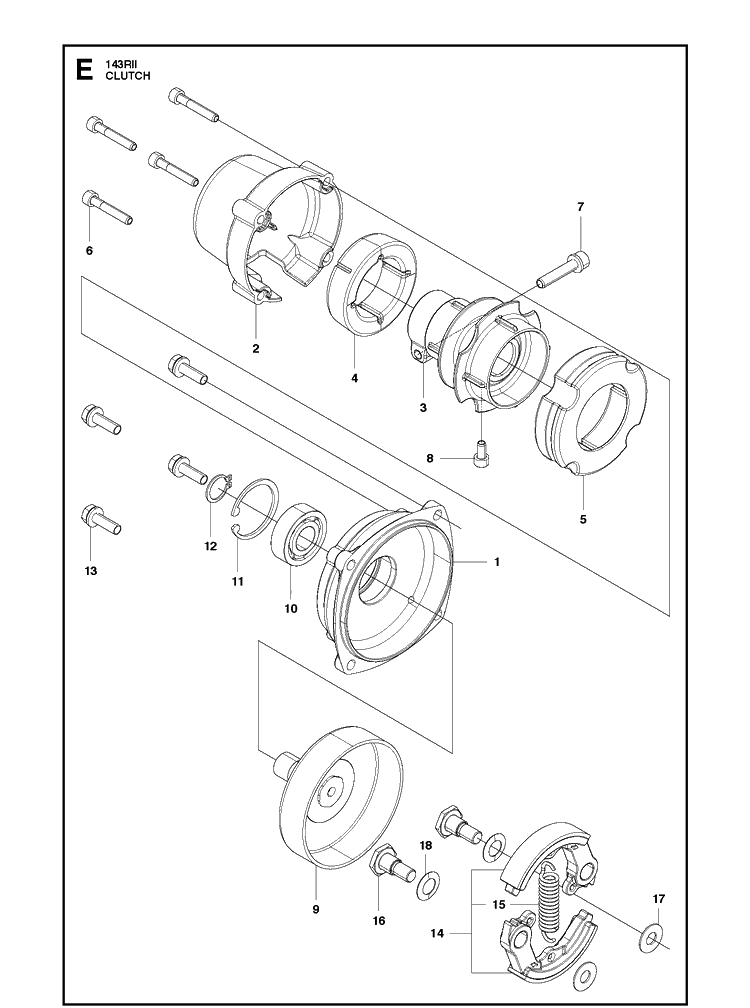 Clutch Diagram and Parts List for 143RII 20180500001-20200400000 Husqvarna Brush Cutter
