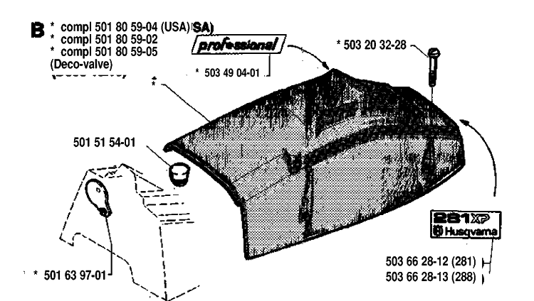 Cover Diagram and Parts List for 288 19933600001-19974900000 Husqvarna Chainsaw