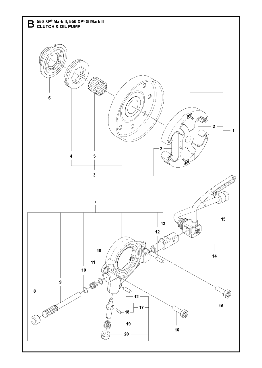 Clutch And Oil Pump Diagram and Parts List for 550XP-XPG Mark II Husqvarna Chainsaw