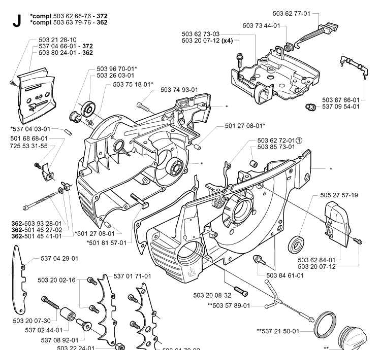 Crankcase Diagram and Parts List for 372XP/ (XPG)(20051800001-20070100000) Husqvarna Chainsaw