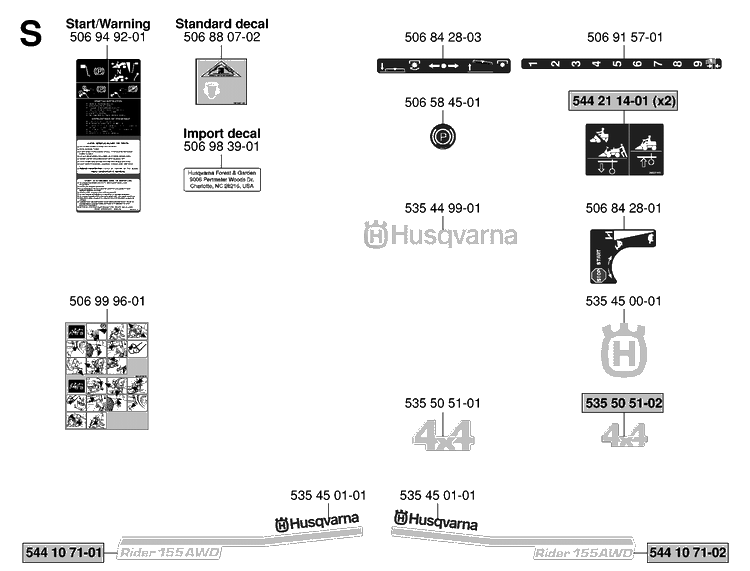 Decals Diagram and Parts List for RIDER155AWD (965089301)(2006-01) Husqvarna Lawn Mower