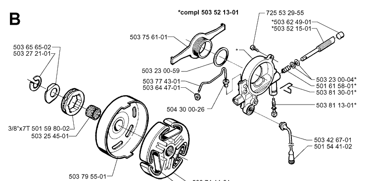 Clutch And Oil Pump Diagram and Parts List for 371XP 19963500001-19974900000 Husqvarna Chainsaw
