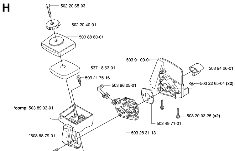 Carburetor And Air Filter Diagram and Parts List for 323HE3 20053600001-20054000000 Husqvarna Hedge Trimmer