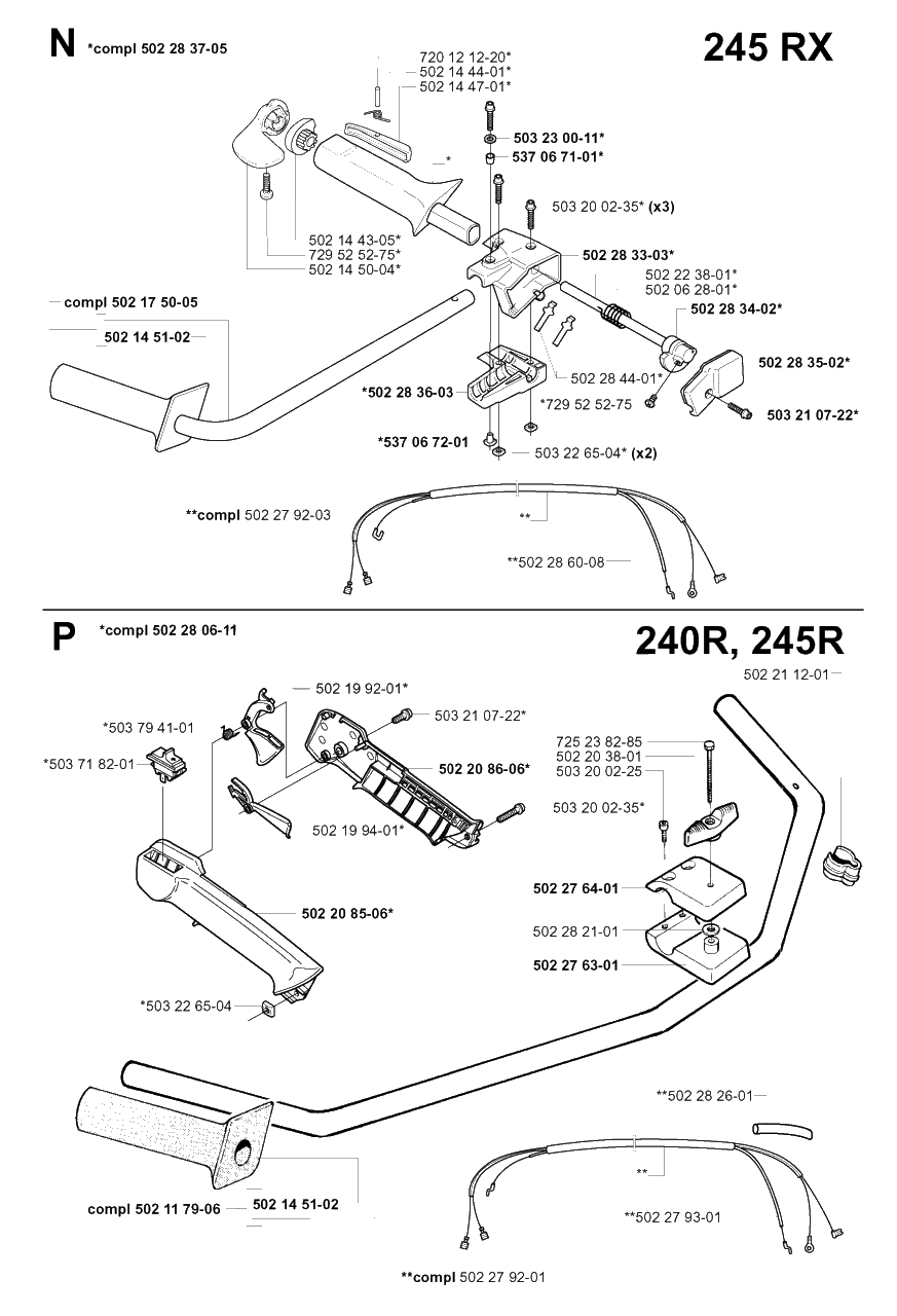 Handle And Controls Diagram and Parts List for 240 20010100001 & Above Husqvarna Trimmer
