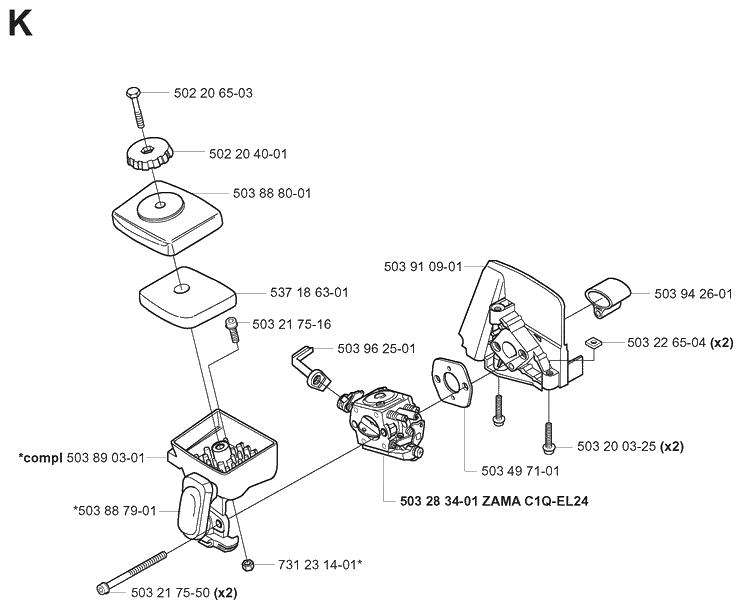 Carburetor And Air Filter Diagram and Parts List for 323R 20051800001-20061400000 Husqvarna Brush Cutter