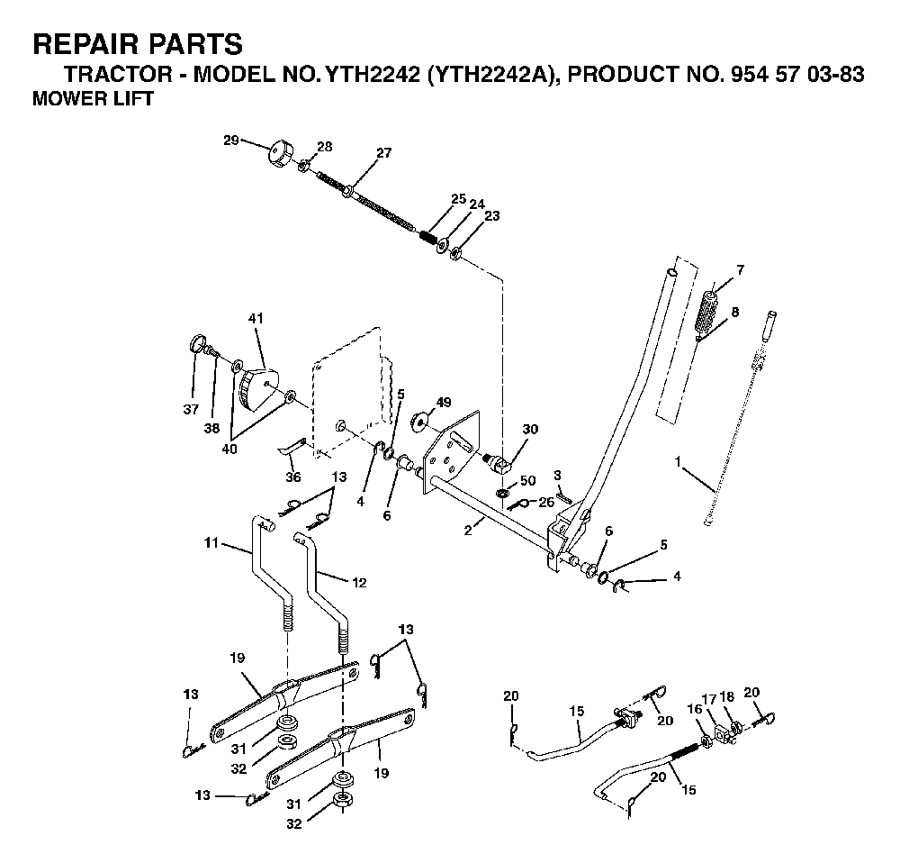 Mower Lift / Deck Lift Diagram and Parts List for YTH2242A (954570383)(2003-01) Husqvarna Lawn Tractor