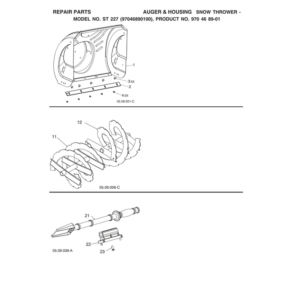 Auger & Housing Diagram and Parts List for ST227-970528702  Husqvarna Snow Blower