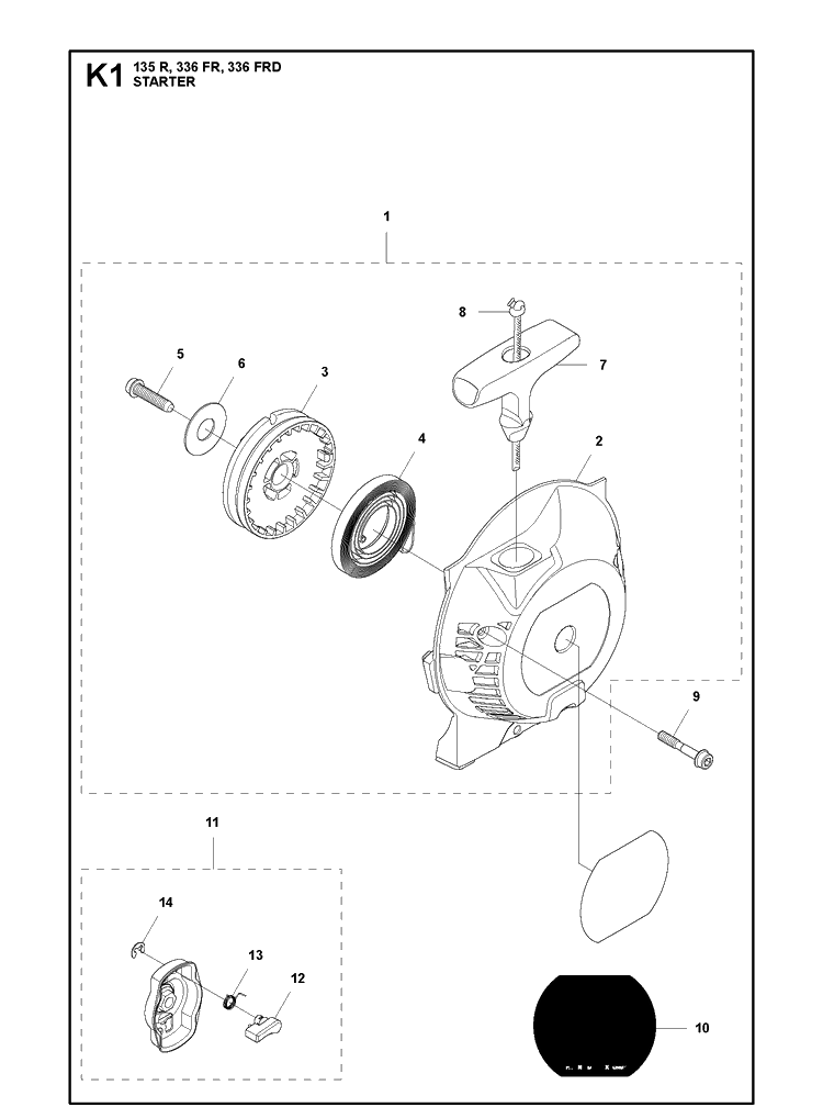 Starter Diagram and Parts List for 135R  Husqvarna Brush Cutter