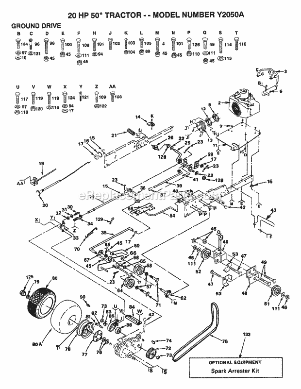 20hp 50" Tractor-Ground Drive Diagram and Parts List for Y2050A 1992 Husqvarna Lawn Tractor