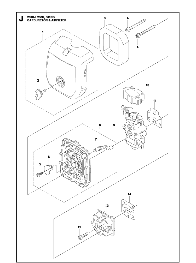 Carburetor And Air Filter Diagram and Parts List for 233RJ  Husqvarna Brush Cutter