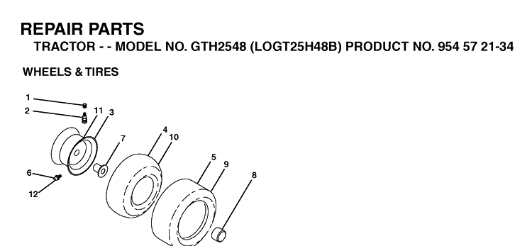 Wheels And Tires Diagram and Parts List for GTH2548-LOGT25H48B 2003-12 Husqvarna Lawn Tractor
