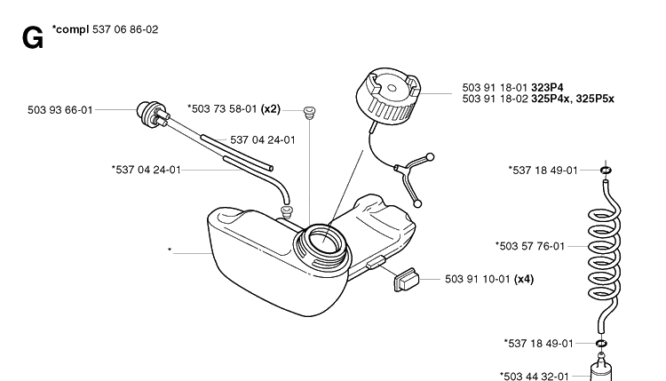 Fuel Tank Diagram and Parts List for 325P 20021800001-20042299999 Husqvarna Pole Saw