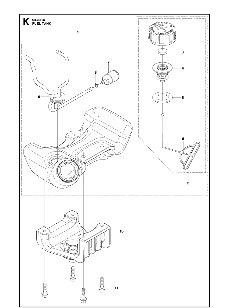 Fuel Tank Diagram and Parts List for 543RBX 20130500001-20182200000 Husqvarna Brush Cutter