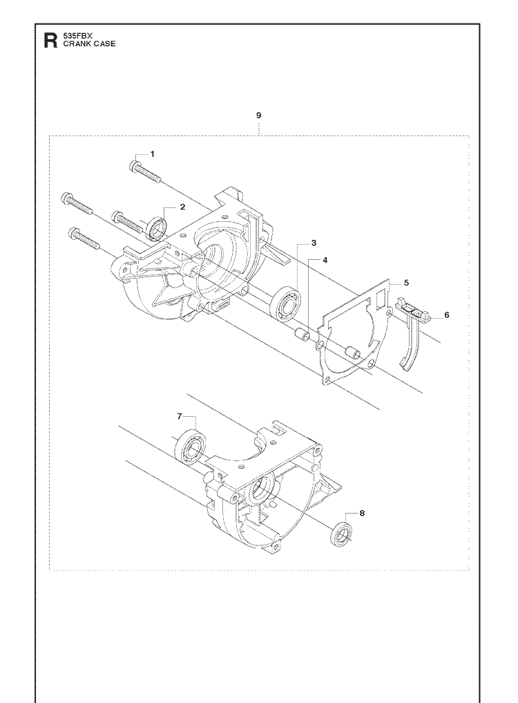 Crankcase Diagram and Parts List for 535FBX  Husqvarna Brush Cutter
