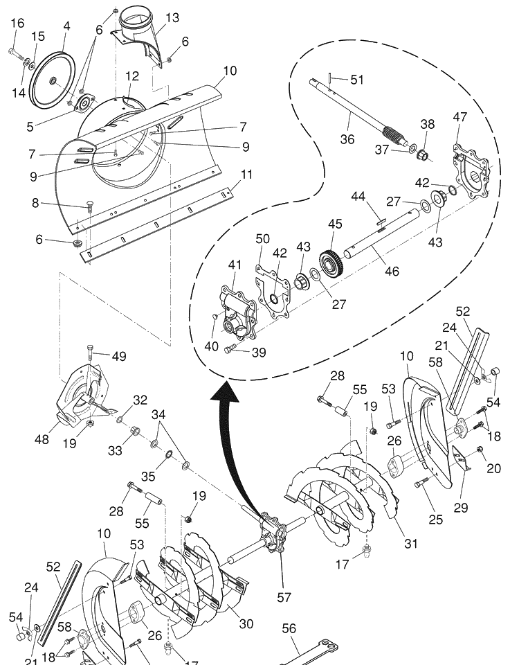 Repair Parts And Auger Assm / Impeller Assm Diagram and Parts List for 1130SBE (96193001704)(2007-12) Husqvarna Snow Blower