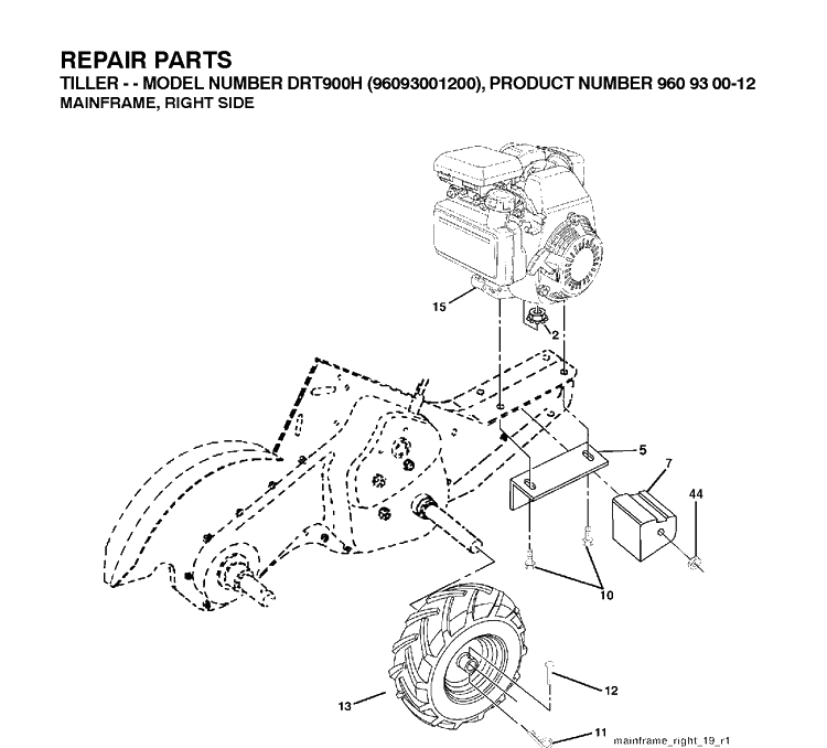 Mainframe, Right Side Diagram and Parts List for DRT900H (96093001201)(2010-10) Husqvarna Cultivator