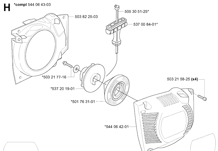 Starter Diagram and Parts List for 334T 20060100001-20063600000 Husqvarna Chainsaw