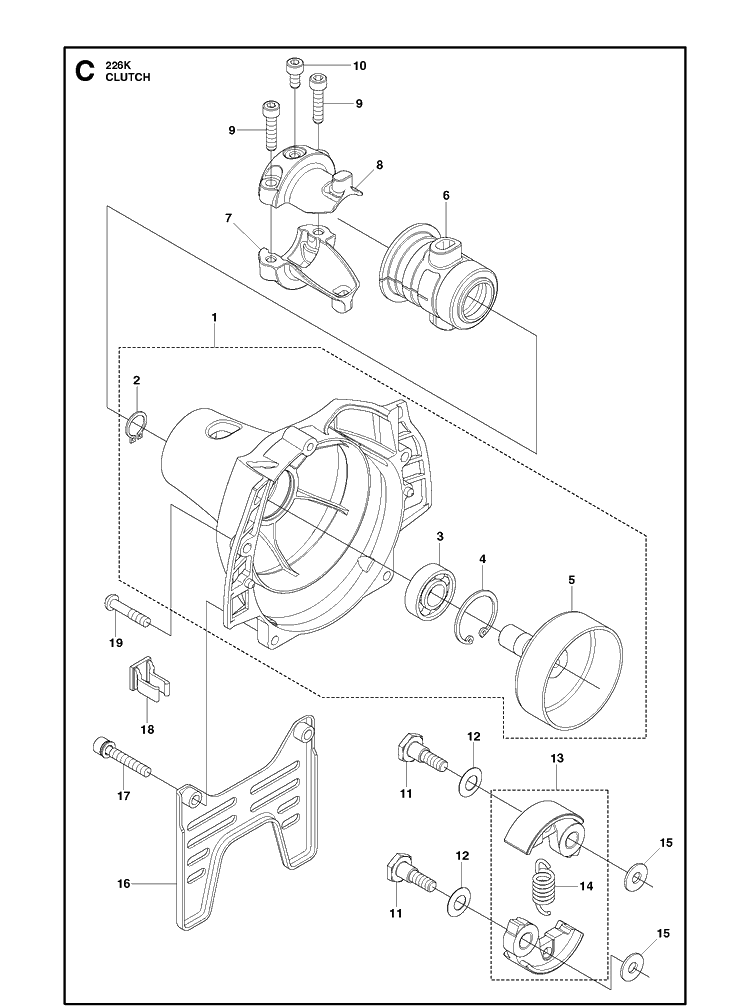 Clutch Diagram and Parts List for 226K  Husqvarna Brush Cutter