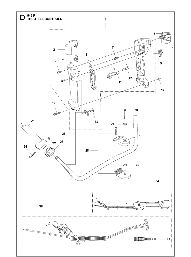 Throttle Controls Diagram and Parts List for 545F  Husqvarna Brush Cutter