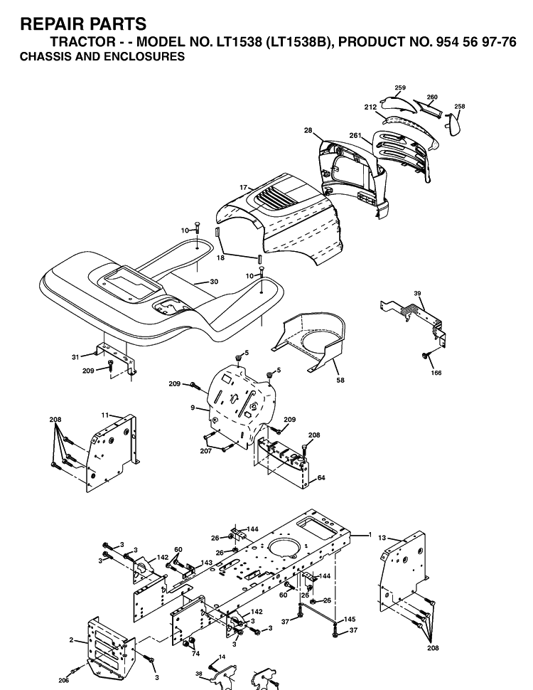 Chassis And Enclosures Diagram and Parts List for LT1538-LT1538B 2002-11 Husqvarna Lawn Tractor