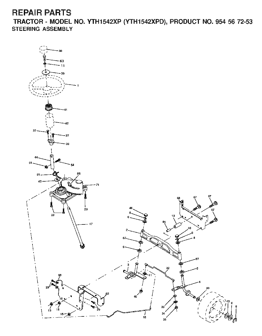 Steering Diagram and Parts List for YTH1542XPD (954567253)(2001-12) Husqvarna Lawn Tractor