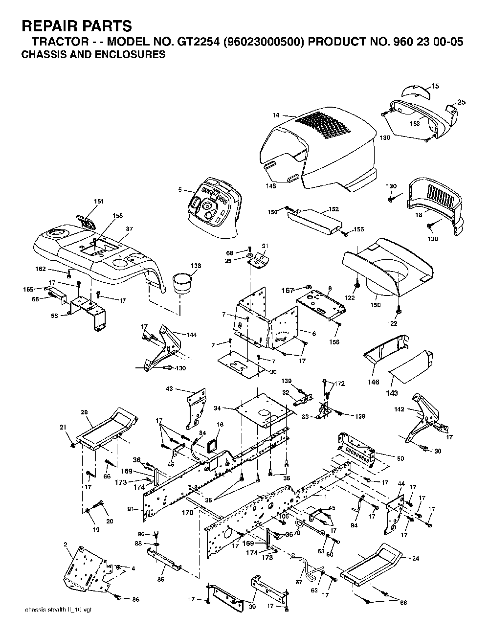 Chassis And Enclosures Diagram and Parts List for GT2254 (96023000500)(2005-05) Husqvarna Lawn Tractor