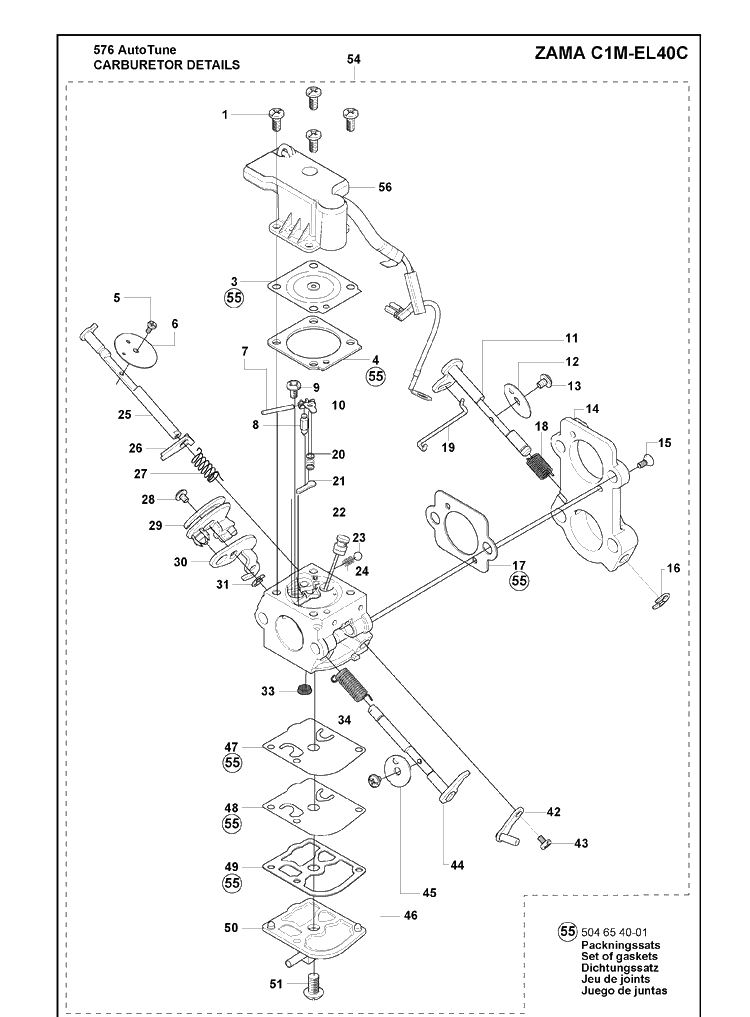 Carburetor Details Diagram and Parts List for 576XP 2010-03 Husqvarna Chainsaw