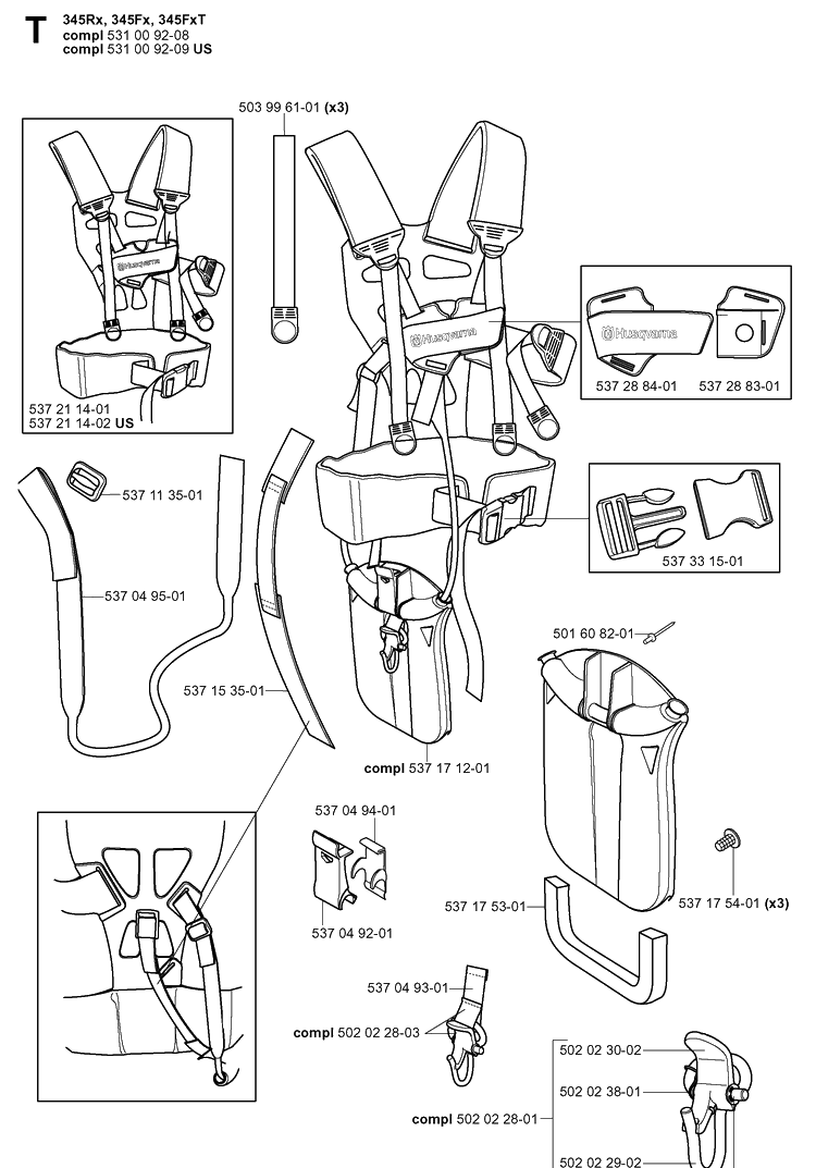 Harness Diagram and Parts List for 343F 20043100001-20064000000 Husqvarna Brush Cutter