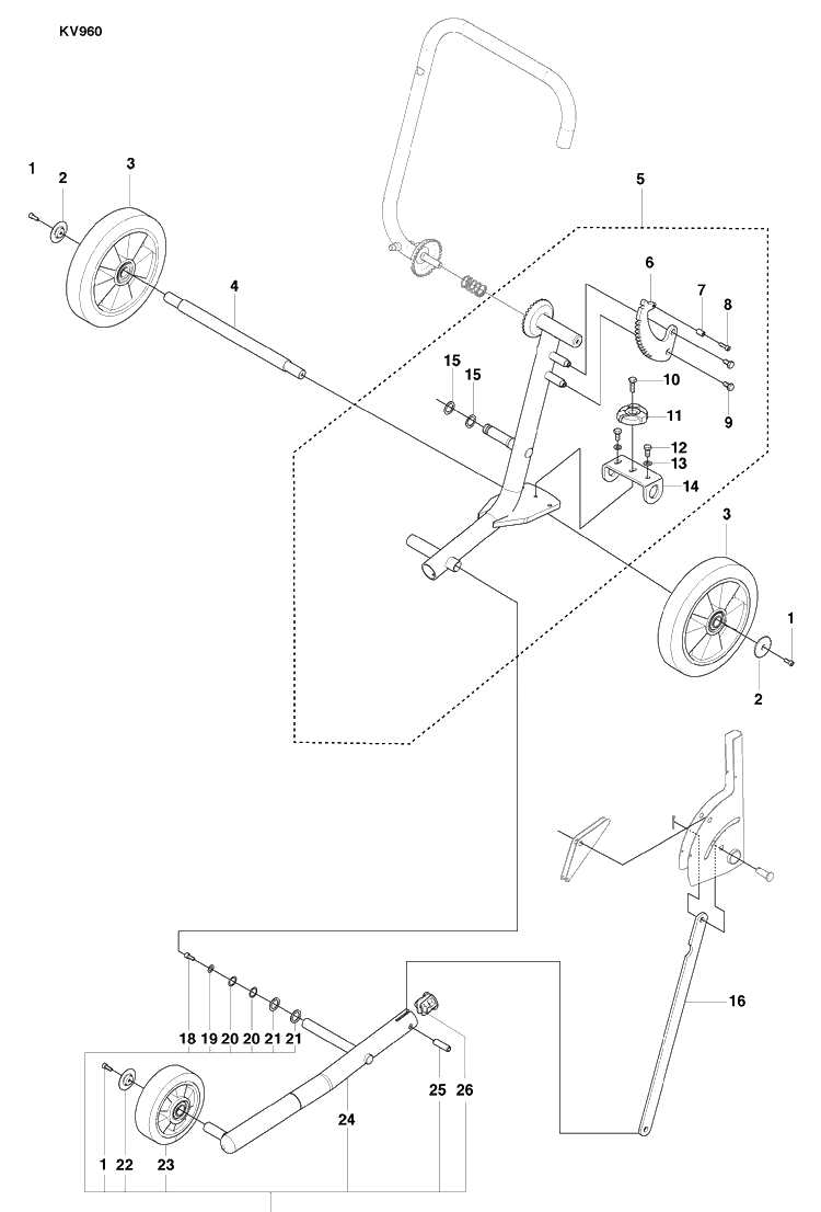 Wheels And Frame Tube Diagram and Parts List for KV960 2008-01 Husqvarna Lawn Tractor Accessories