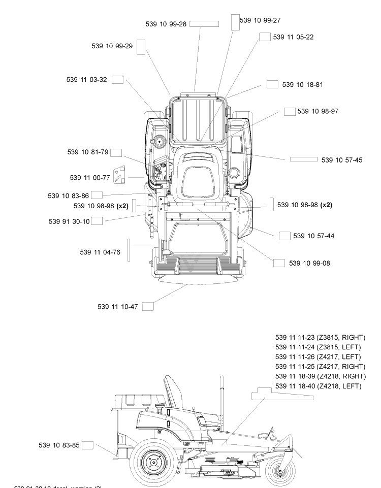 Decals Diagram and Parts List for Z4217 2004-11 Husqvarna Lawn Mower