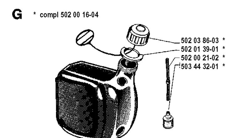 Fuel Tank Diagram and Parts List for 265RX 19921800001-19954500000 Husqvarna Brush Cutter