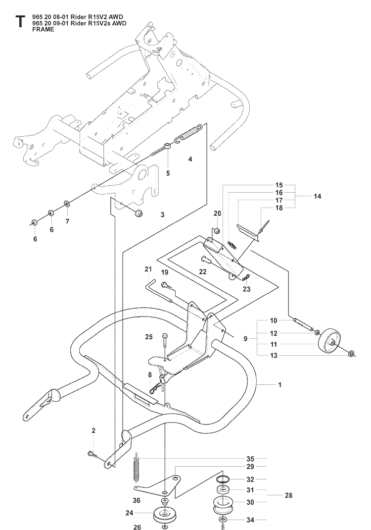 Frame Diagram and Parts List for RIDER15V2AWD (965200901)(2008-01) Husqvarna Lawn Mower