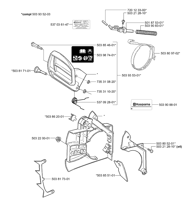 Chain Brake Diagram and Parts List for 335XPT 2001-05 Husqvarna Chainsaw