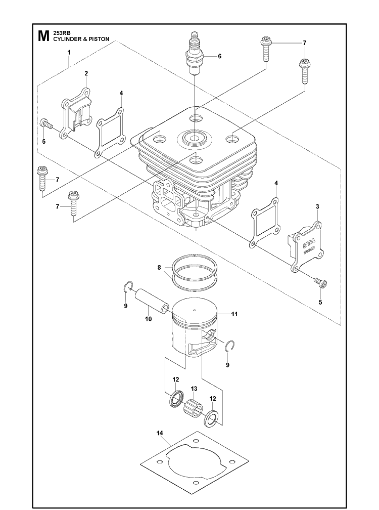 Cylinder Piston Diagram and Parts List for 253RB 20101000001-20182200000 Husqvarna Brush Cutter