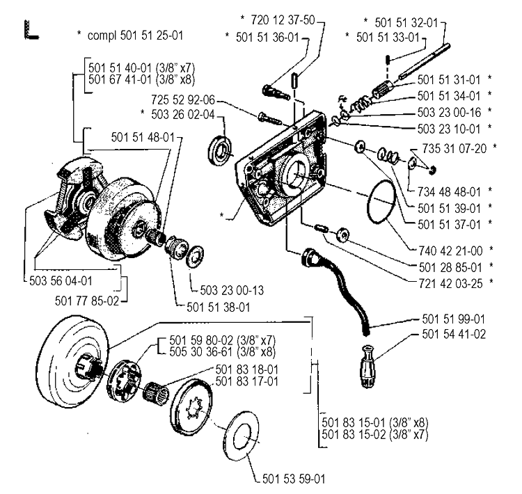 Clutch And Oil Pump Diagram and Parts List for 268 19901800001-19910500000 Husqvarna Chainsaw