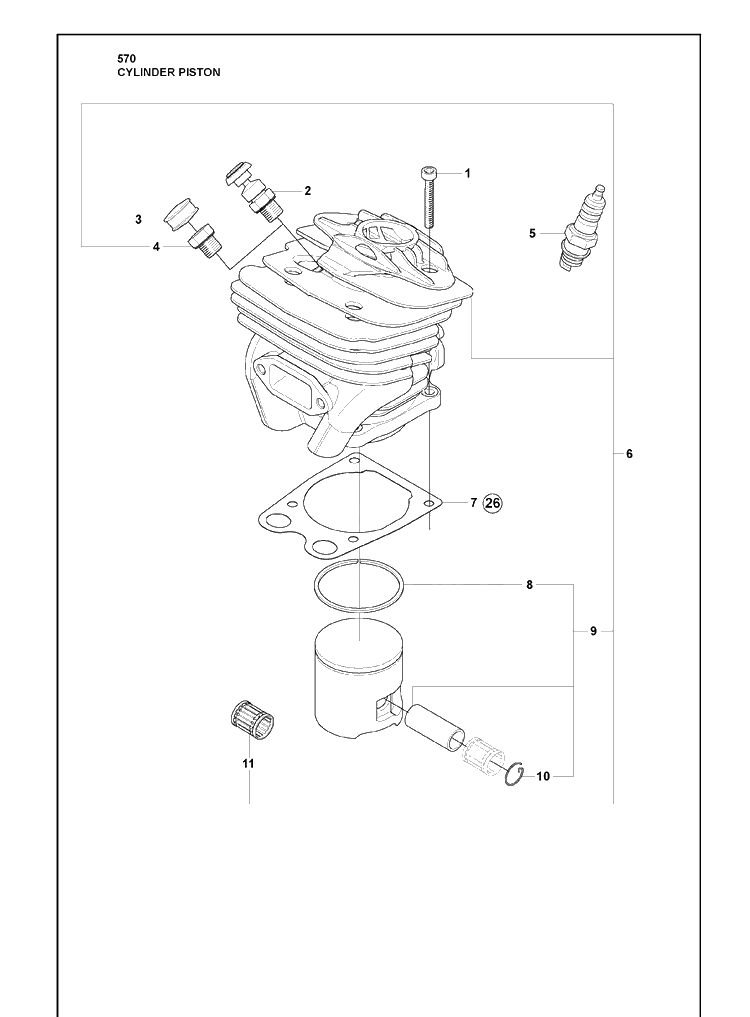 Cylinder Piston Diagram and Parts List for 570 2009-08 Husqvarna Chainsaw