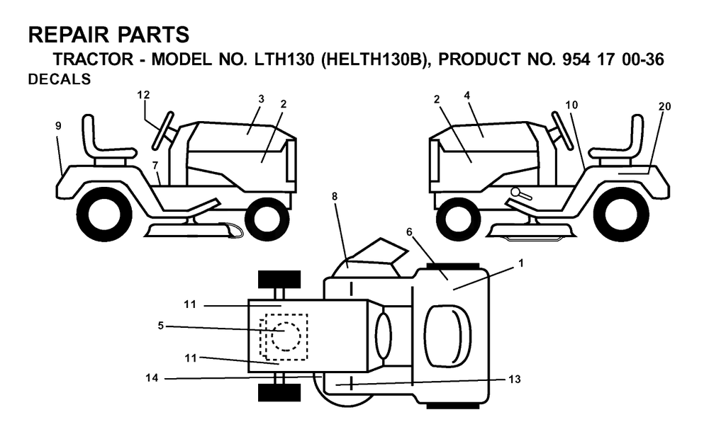 Decals Diagram and Parts List for LTH130 (954170036-B)(2001-09) Husqvarna Lawn Tractor