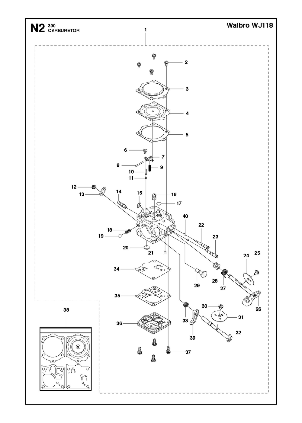 Carburetor Diagram and Parts List for 390XP-390XPG 390 XP W - 390 XP GW Husqvarna Chainsaw