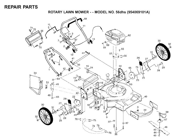 Repair Parts Diagram and Parts List for 56SF (954066101)(1995-04) Husqvarna Lawn Mower