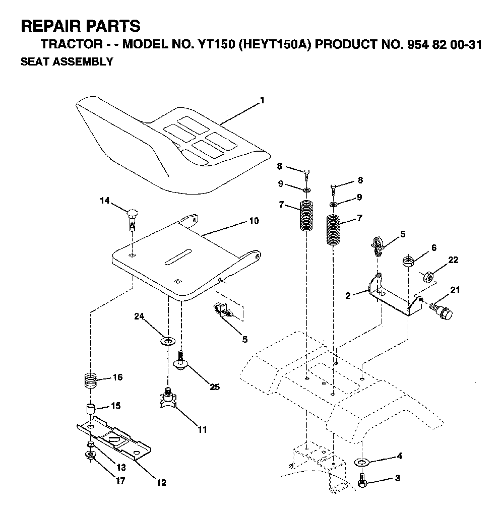 Seat Diagram and Parts List for YT150 (HEYT150A, 954820031)(1996-01) Husqvarna Lawn Tractor