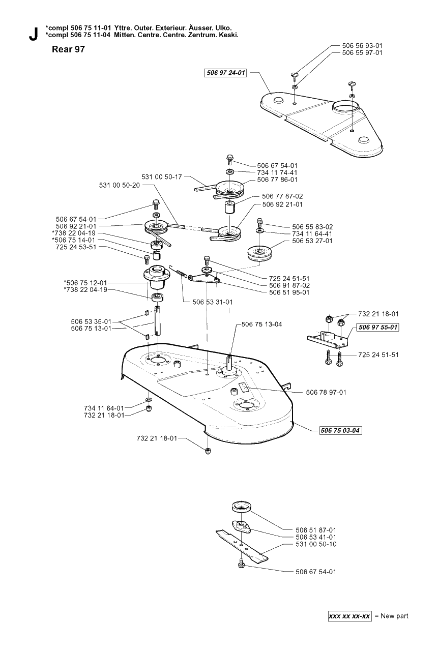 97cm Cutting Deck Diagram and Parts List for R16H 1999-02 Husqvarna Lawn Tractor
