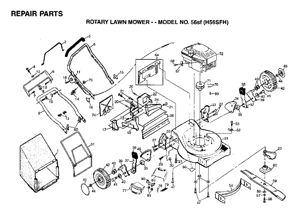 Repair Parts Diagram and Parts List for 56SF (H56SFH)(1996-02) Husqvarna Lawn Mower