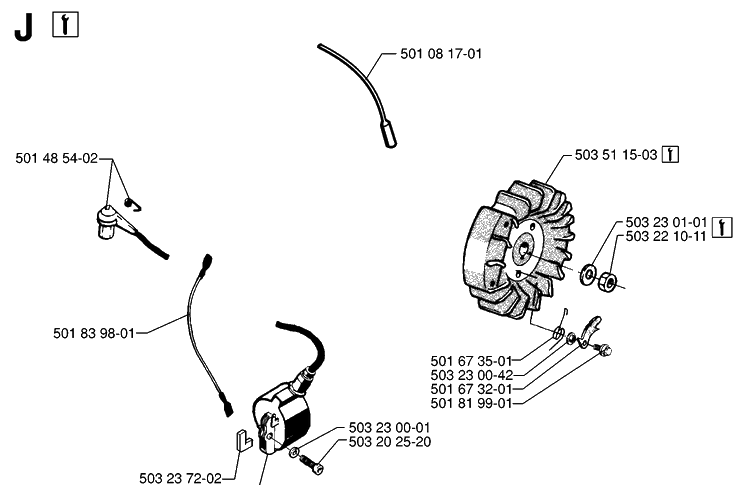 Ignition System Diagram and Parts List for 61 19970100001-19993100000 Husqvarna Chainsaw