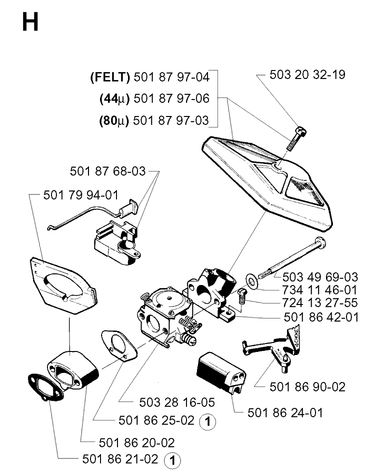 Carburetor And Air Filter Diagram and Parts List for 257 20013500001-Current Husqvarna Chainsaw