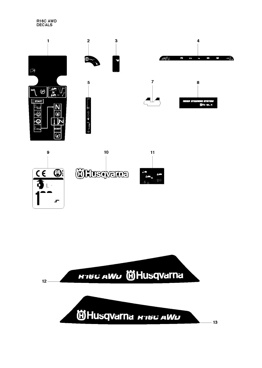Decals Diagram and Parts List for R16CAWD (966830301)(2010-07) Husqvarna Lawn Tractor