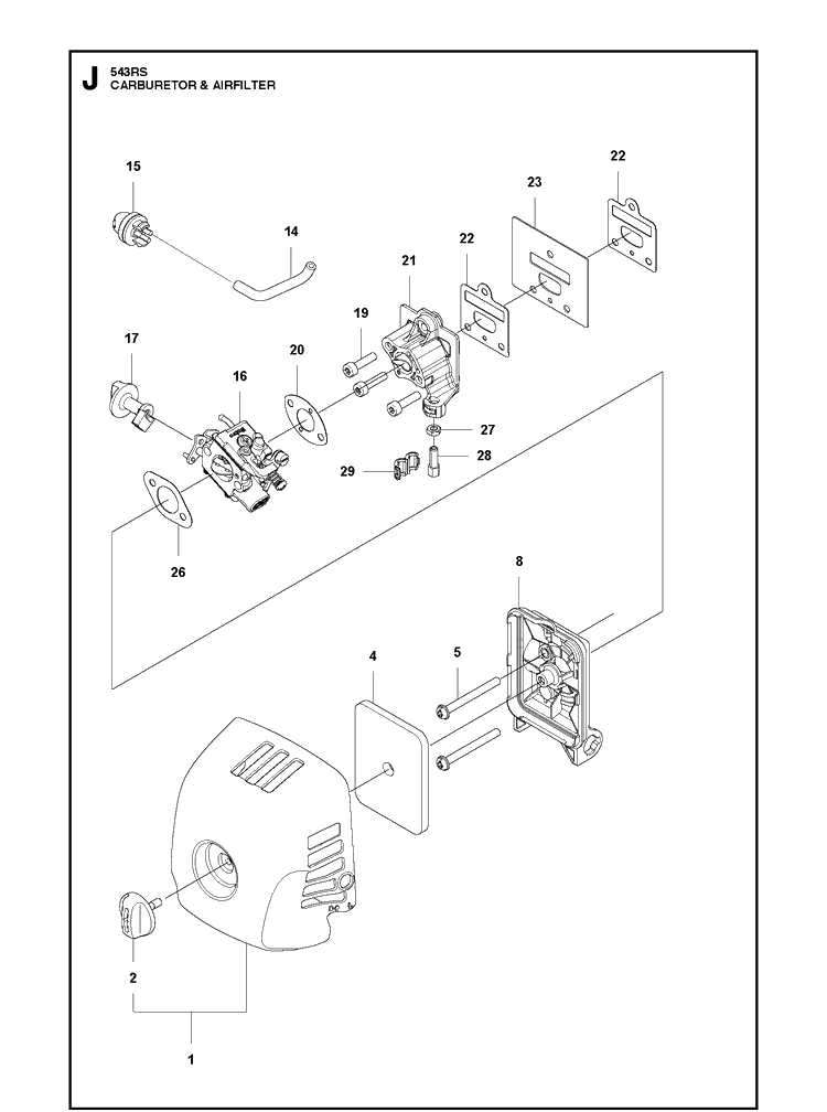 Carburetor And Air Filter Diagram and Parts List for 543RS (967348201)(20154400001-20192200000) Husqvarna Brush Cutter