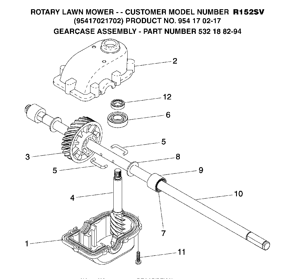 Gear Case Diagram and Parts List for R152SV (95417021702, 954170217)(2005-02) Husqvarna Lawn Mower